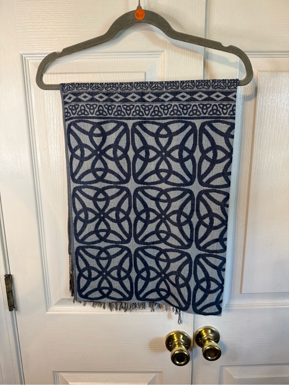 pashmina Navy and Light Gray Celtic-Patterned Fringe Scarf - Picture 2 of 2